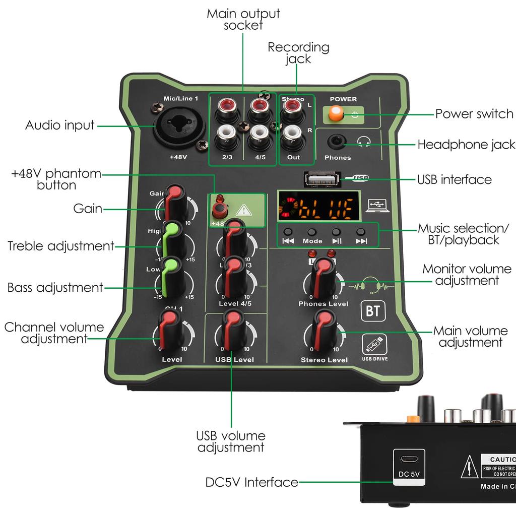 Compact Audio Mixer Sound Mixing Console with 48V Phantom USB Audio LED Reverb Bluetooth Function for DJ Live Karaoke 5-Channel Power, Interface,