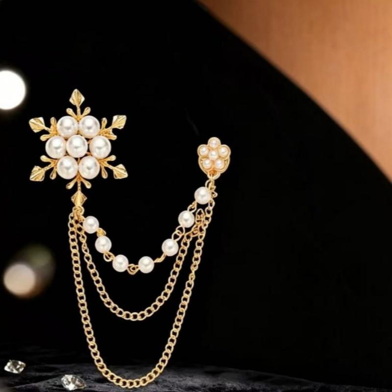 Elegant Women Pearl Snowflake Chain Tassels Brooch Gifts Chain Pin Jewelry Accessories Exquisite Clothes Brooches