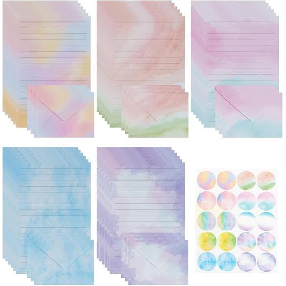 160 Pcs Stationery Paper Set (50 Writing Papers + 50 Matching Envelopes + 60 Round Dot Stickers), Unique Marble Pattern Style Writing Stationery
