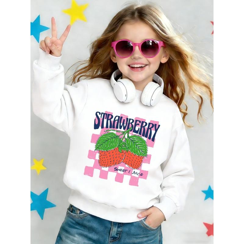 Cute Strawberry Print Girls' Spring/Autumn Thin Round Neck Sweatshirt, 0-3 Years Comfortable Outdoor Outfit Choice