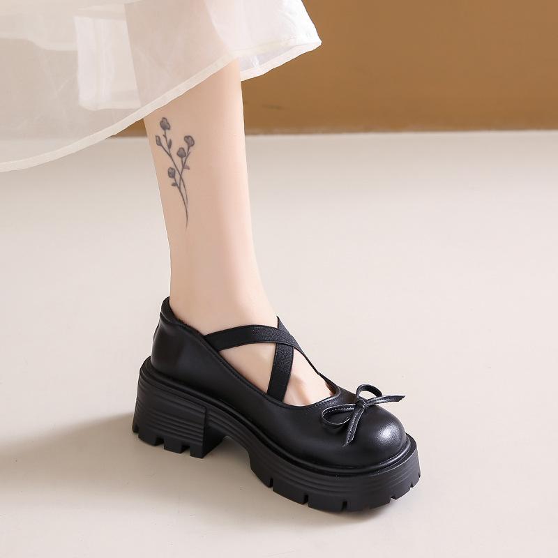 French Mary Jane Shoes Women for Summer Thick Bottom Small Leather Shoes Bowknot with Skirt Chunky High Heeled Shoes Loafers