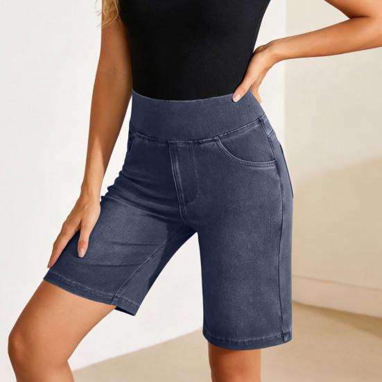 Stretchy Jean Shorts for Women High Waisted Tummy Control Pull On Denim Shorts Summer Casual Knee Length Jorts with Pockets