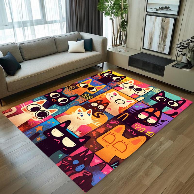 Cartoon Cute Cat Pattern Rectangular Carpet Colorful Soft Decorative Floor Mat for Living Room Bedroom Home Decor