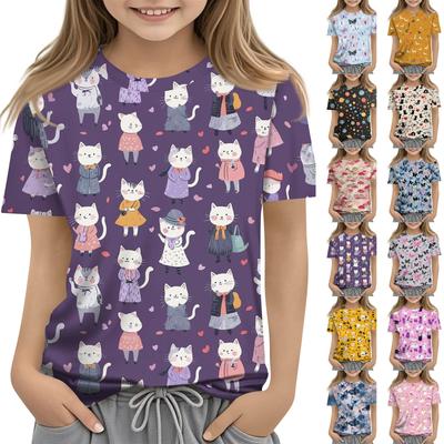 Children's Fashion Casual Short Sleeve Animal Floral Print Round Neck T-Shirt Top