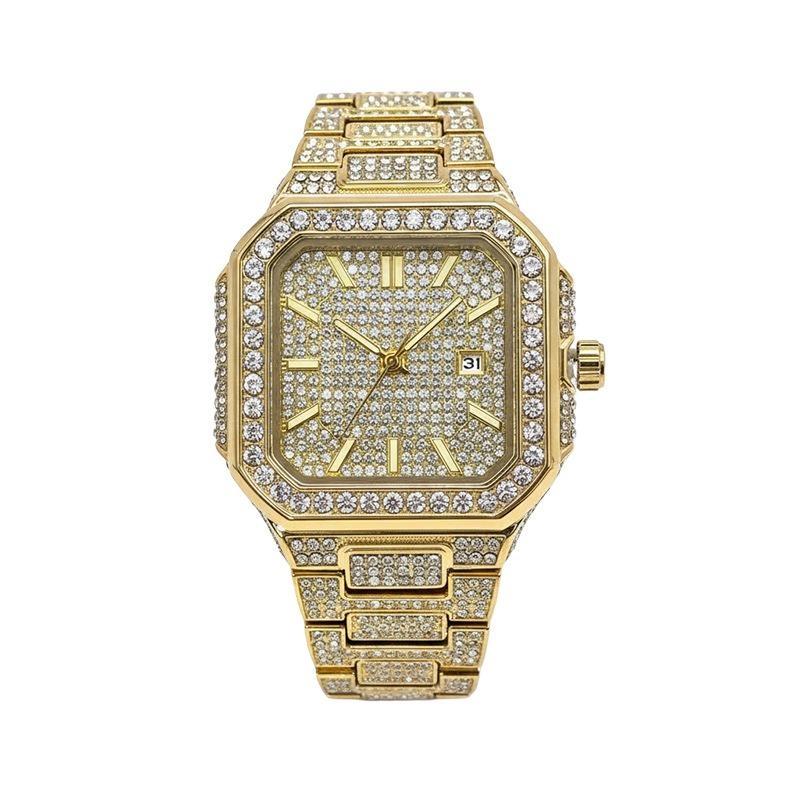 Luxury Bling Women's Watch Gold Full Paved Crystal Square Dial Quartz Wristwatch Waterproof Luminous Calendar Display