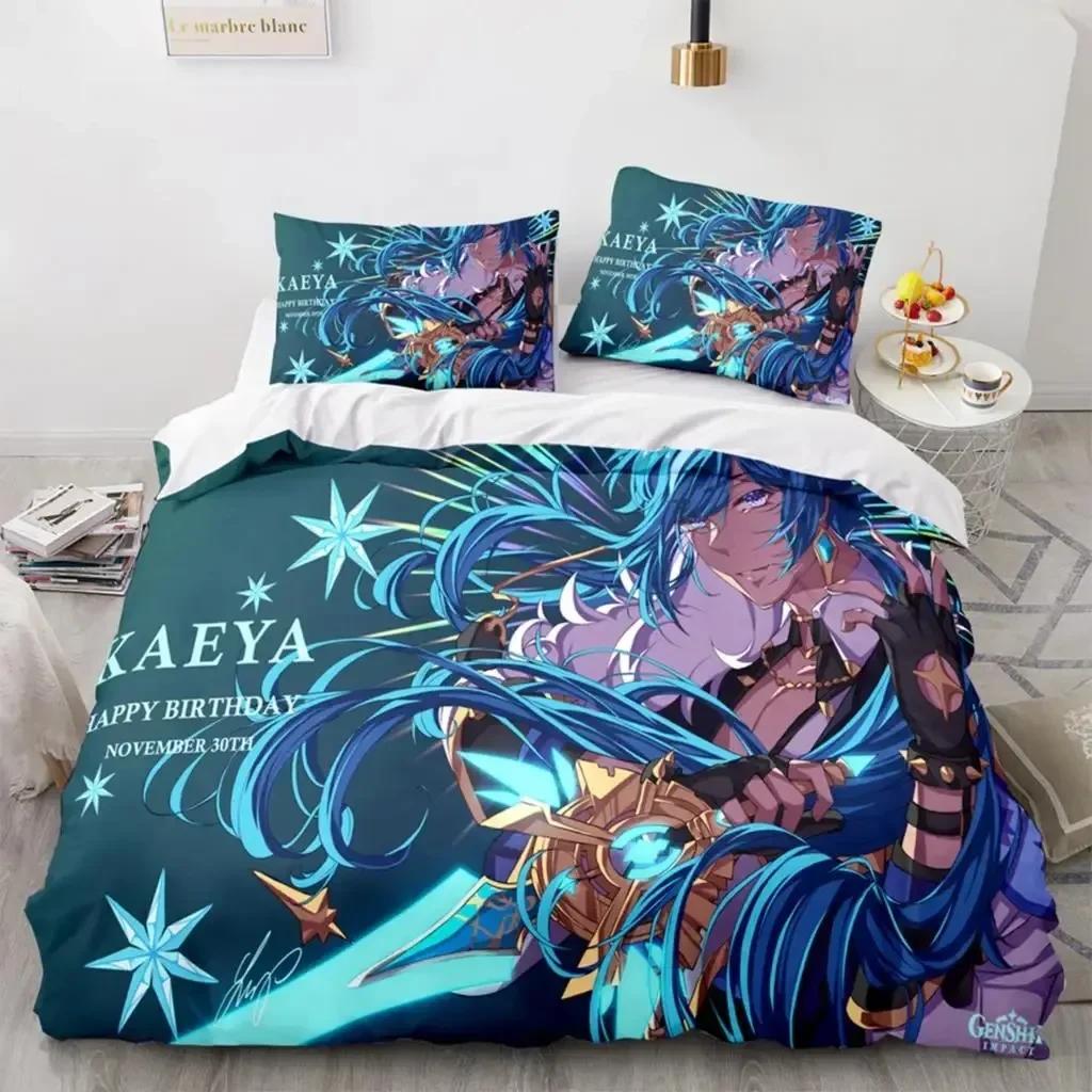 Anime Genshin Impact Xiao SUCROSE Qiqi Bedding Set Printed With Pillowcase Bed Duvet Cover Soft Queen King Size Bedclothes Home