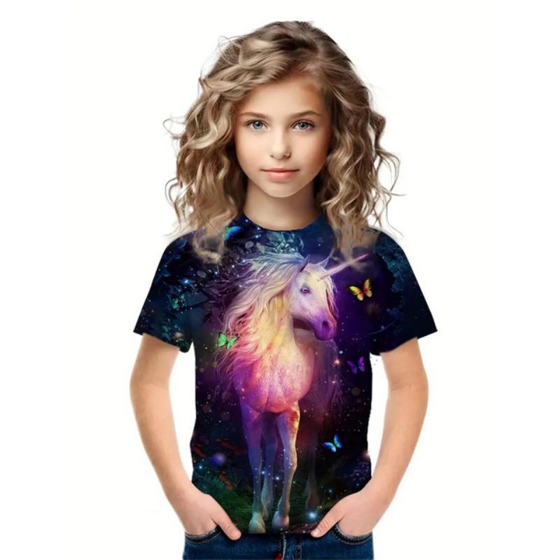 2025 Casual T-Shirts Girls' Clothing New Funny Animal Horse 3d Print Girls' T-Shirts Party Fashion Short Sleeved Tops Tee