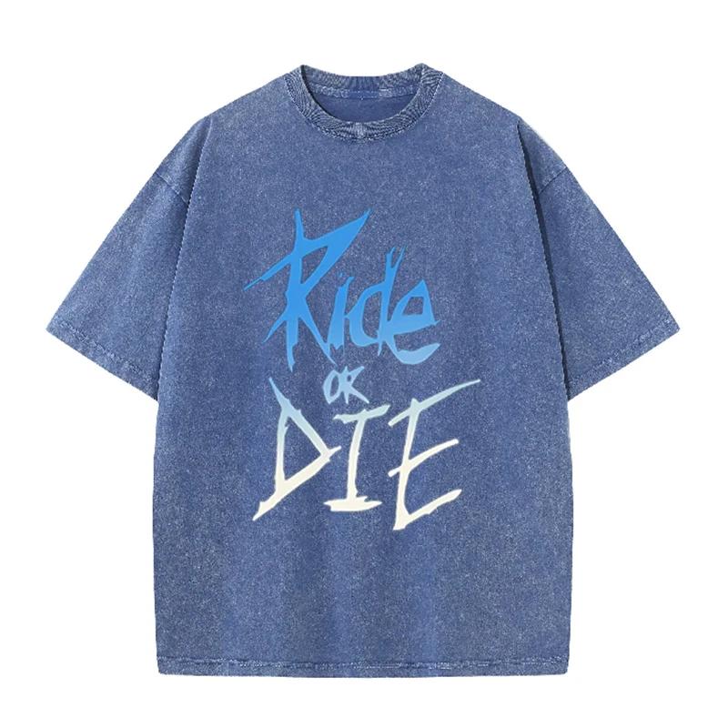 Ride Or Die Letter Print Vintage Washed T Shirt Unisex Punk Rock Casual Tee