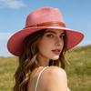 Women Jazz Hat Wide Brim Faux Leather Belt Decor Beach Straw Hat Adjustable Size UV Protection Foldable Summer Hat