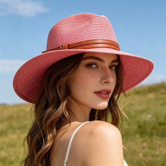Women Jazz Hat Wide Brim Faux Leather Belt Decor Beach Straw Hat Adjustable Size UV Protection Foldable Summer Hat