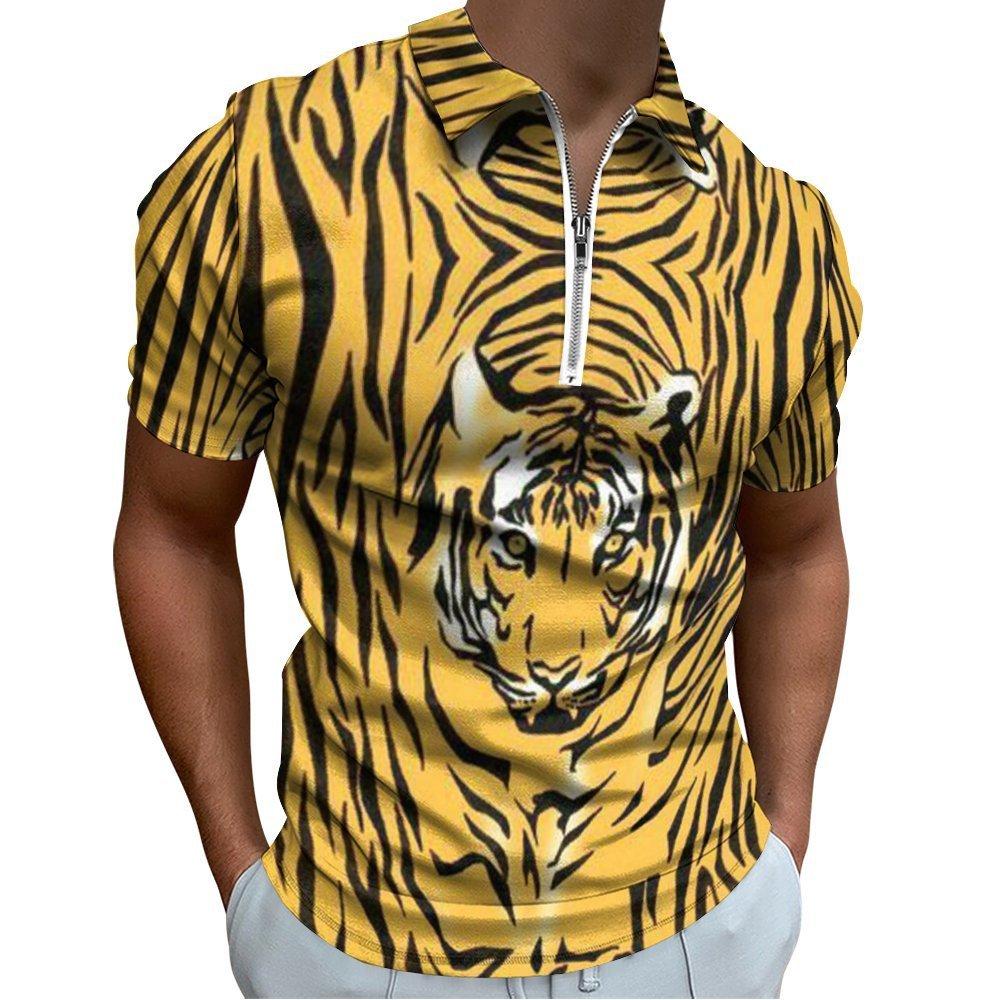 Zebra & Tropical Print Short Sleeve Zip-up Polo, Stylish Casual Top