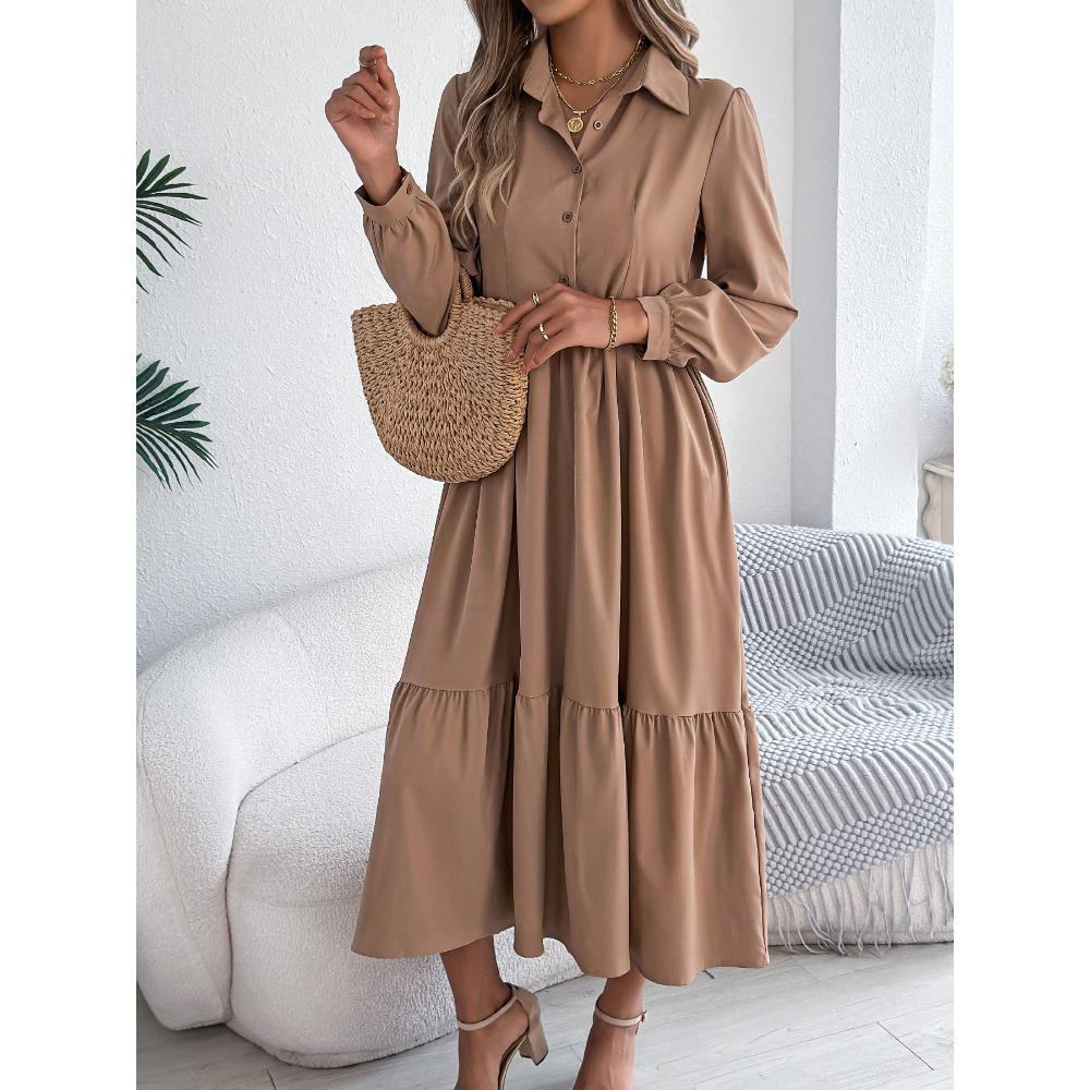 Women's Long Skirt Lapel Casual Loose Long Sleeve Ruffle Shirt Dress Fashion Dresses
