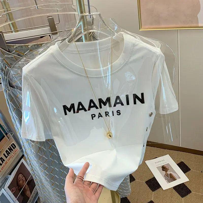 

Asymmetric Button Slanted T-shirt with Letter Print - 2025 Summer Irregular Short Top L (Approx. 100-115 lbs)