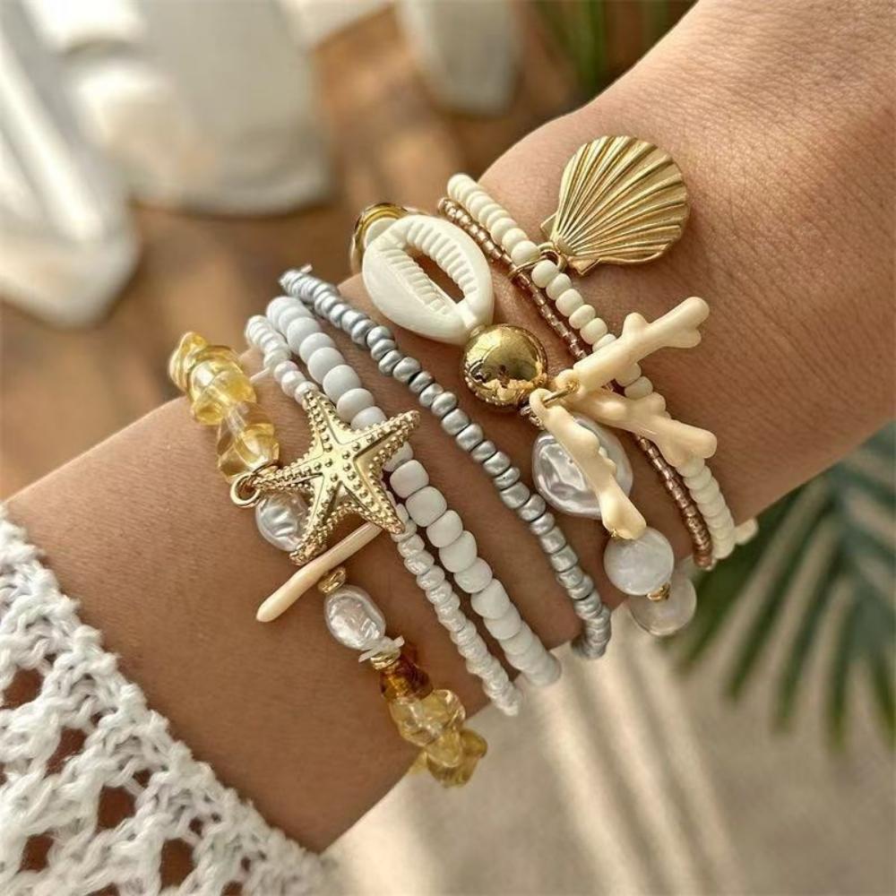 Fashionable Bohemian Acrylic Shell Starfish Beaded Rice Bead Women s Fashionable Multilayer Bracelet Set for Beach Vacation