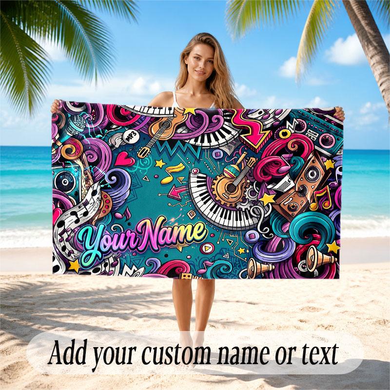 Music General Theme Beach Towel Personalized Custom Name & Text Soft Quick Dry Beach Towel for Swimming Travel