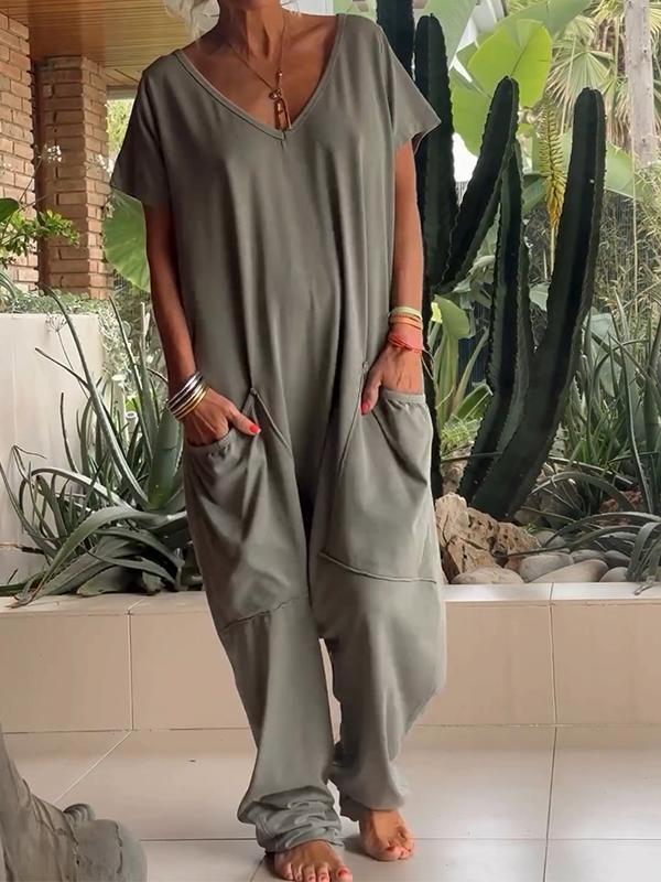 2026 Spring/Summer Women's Solid Color Low Crotch Jumpsuit with Large Pockets - Elegant, Europe/America Style