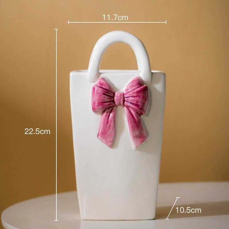 

French Style Ceramic Vase with Bow Decoration & Handle, Elegant Hydroponic & Dried Flower Vase for Home Decor A