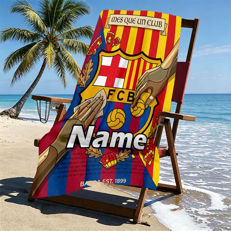 Custom Name Personalized Barcelona FC Soccer Print Beach Towel, for Trip Camping Beach Party Home Decor, Birthday Gift for Family & Friends