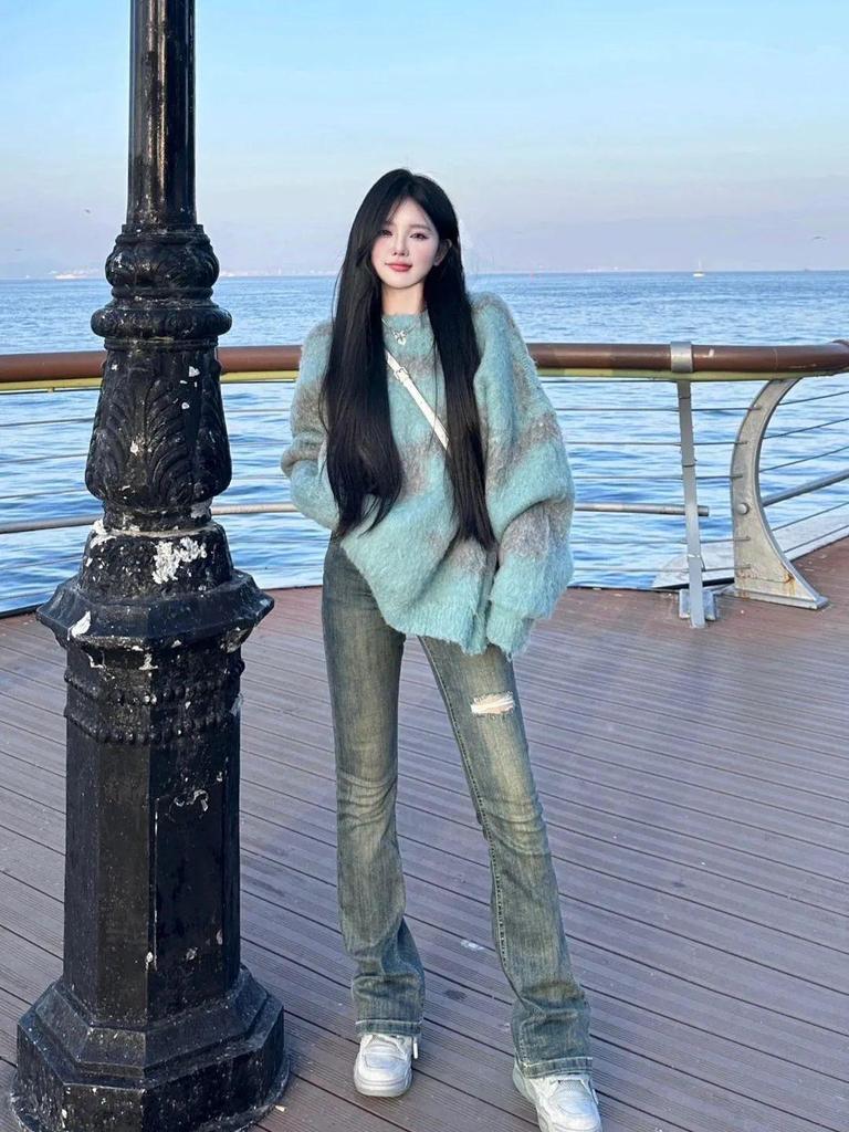 Korean Style Color Block Deer Plush Sweater for Women - Winter Loose Fit Knit Pullover Top