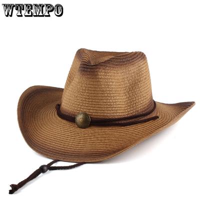 Herren-Stroh-Cowboyhut, Sonnenhut, faltbar, Westernhut mit breiter, gebogener Krempe und verstellbarem Kinnriemen