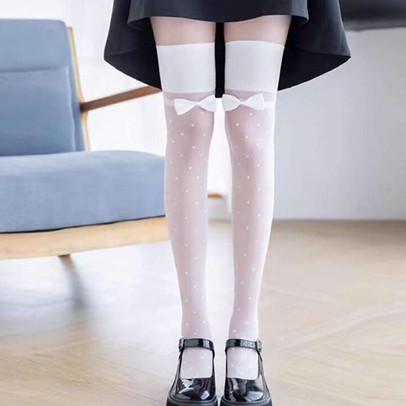 Women Bowknots Waves Point Thigh High Stockings Over the Knee Socks Sheer Silk Stockings Valentines Day Gifts