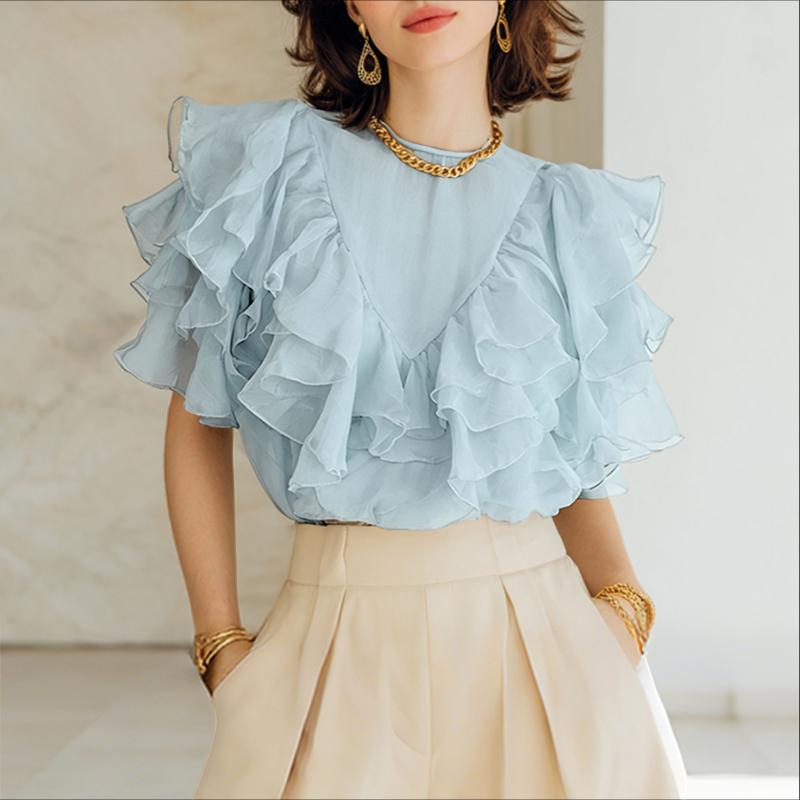 ZANZEA Damen Sommer Casual Kurzarm Durchsichtige Rüschen Überwurf Bluse