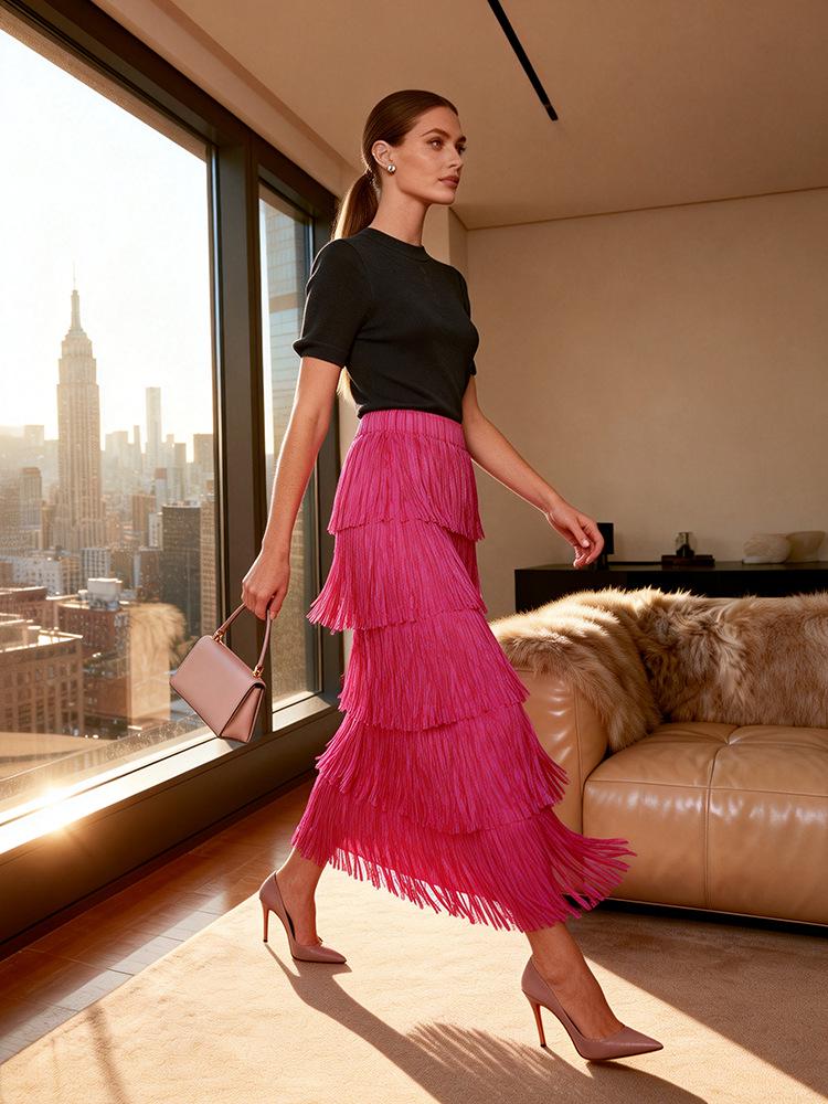 Elegant Rose Red Tassel High-Waisted Skirt for Women