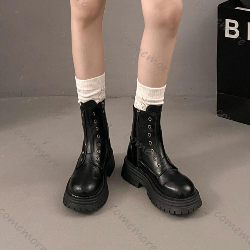 Comemore Women's Ankle Boots Retro Platform Leather Short Leather Gothic Punk Style Women's Shoes Side Zip Borines for Woman