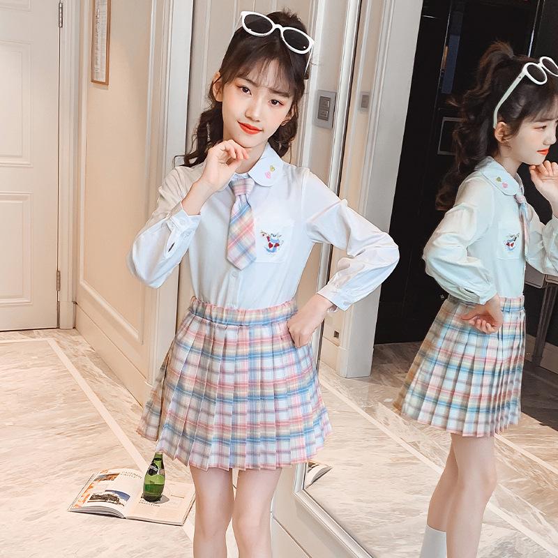 Spring 2023 Girls' JK Plaid Skirt 3-Piece Set: Sweater & College Style Suit