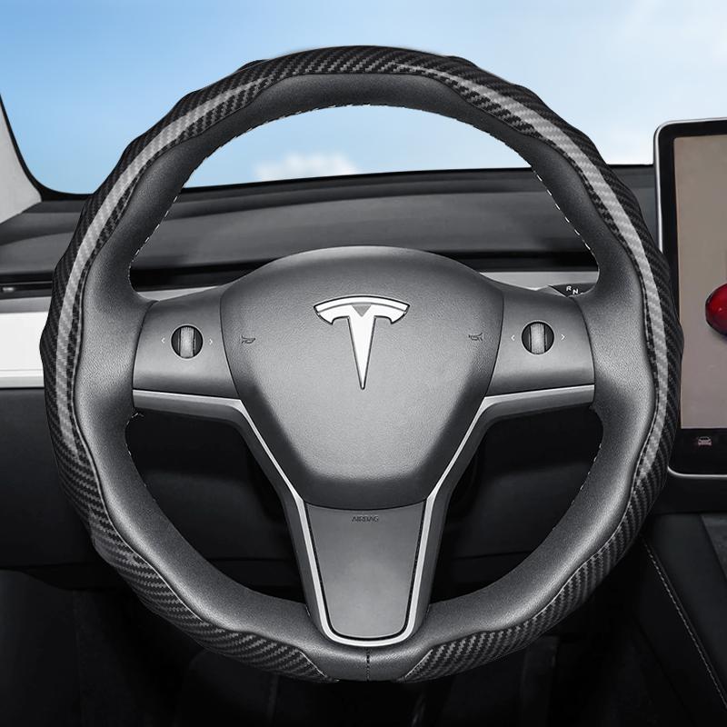 Suitable for Tesla Carbon Fiber Texture Steering Wheel Cover, Snap-On Wave-Shaped Sporty Design, Durable Protective Case Suitable for Model 3 Y S X