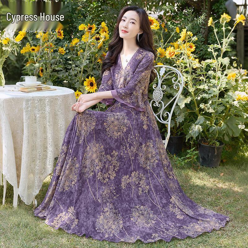 

Sibaishe Women s V-Neck Printed A-Line Dress L