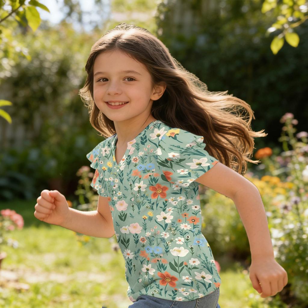 Girls V Neck Ruffle Sleeve Floral Print Short Sleeve T Shirt Casual Blouse Lightweight Summer Top for Kids