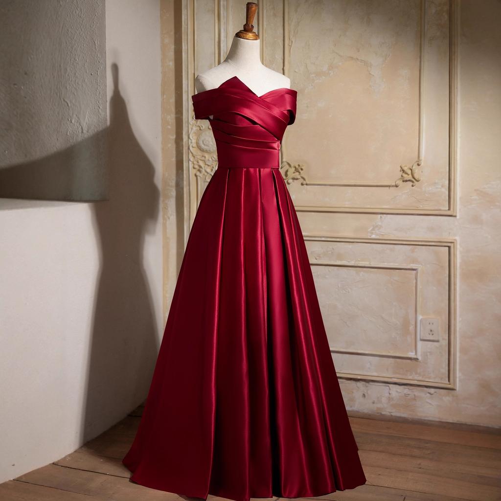 New Satin Toast Dress Engagement Shoulder Burgundy Vocal Art Test Host Temperament Banquet Evening Dress Women