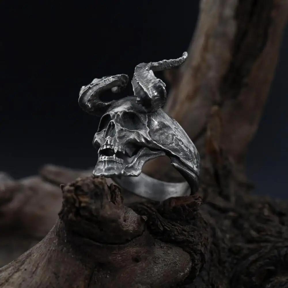 Vintage Punk Stainless Steel Skull Rings For Men Gothic Punk Satan Demon Horror Skull Ring Hiphop Motorcycle Rock Biker