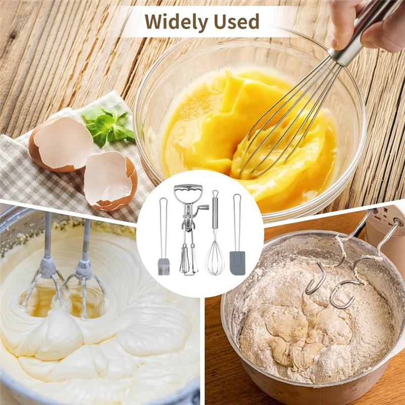 ABJI-Manual Rotating Beater, Rotary Egg Beater Set, Silicone Brush& Spatula, Double-Head Hand Push Whisk With Mixer