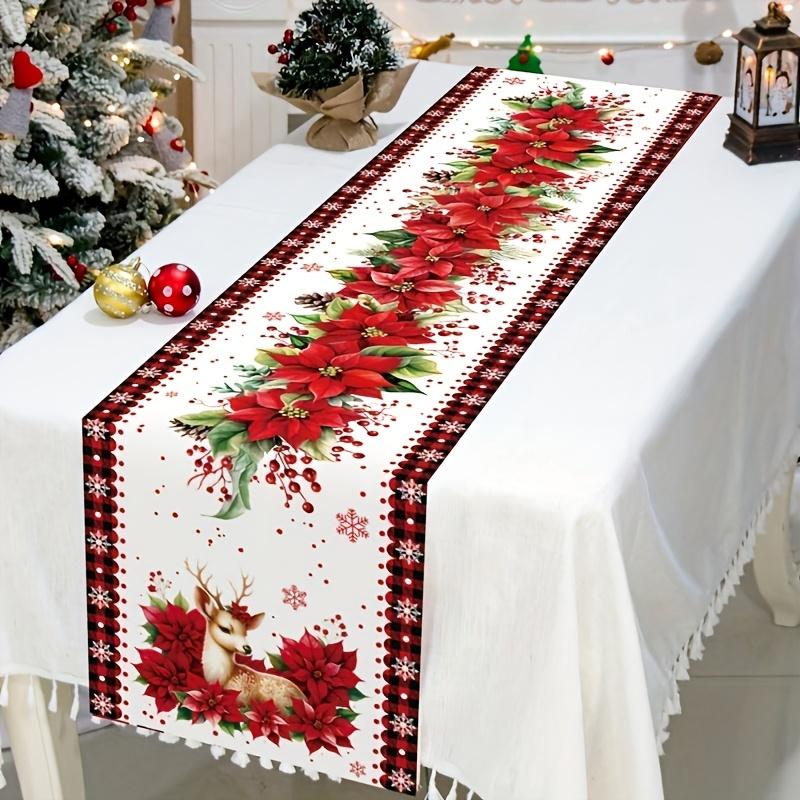 

Christmas Poinsettia Reindeer Table Runner Wedding Party Decor Winter Xmas Kitchen Dining Table Runners Christmas Decorations 180x33cm 70.8x13inch