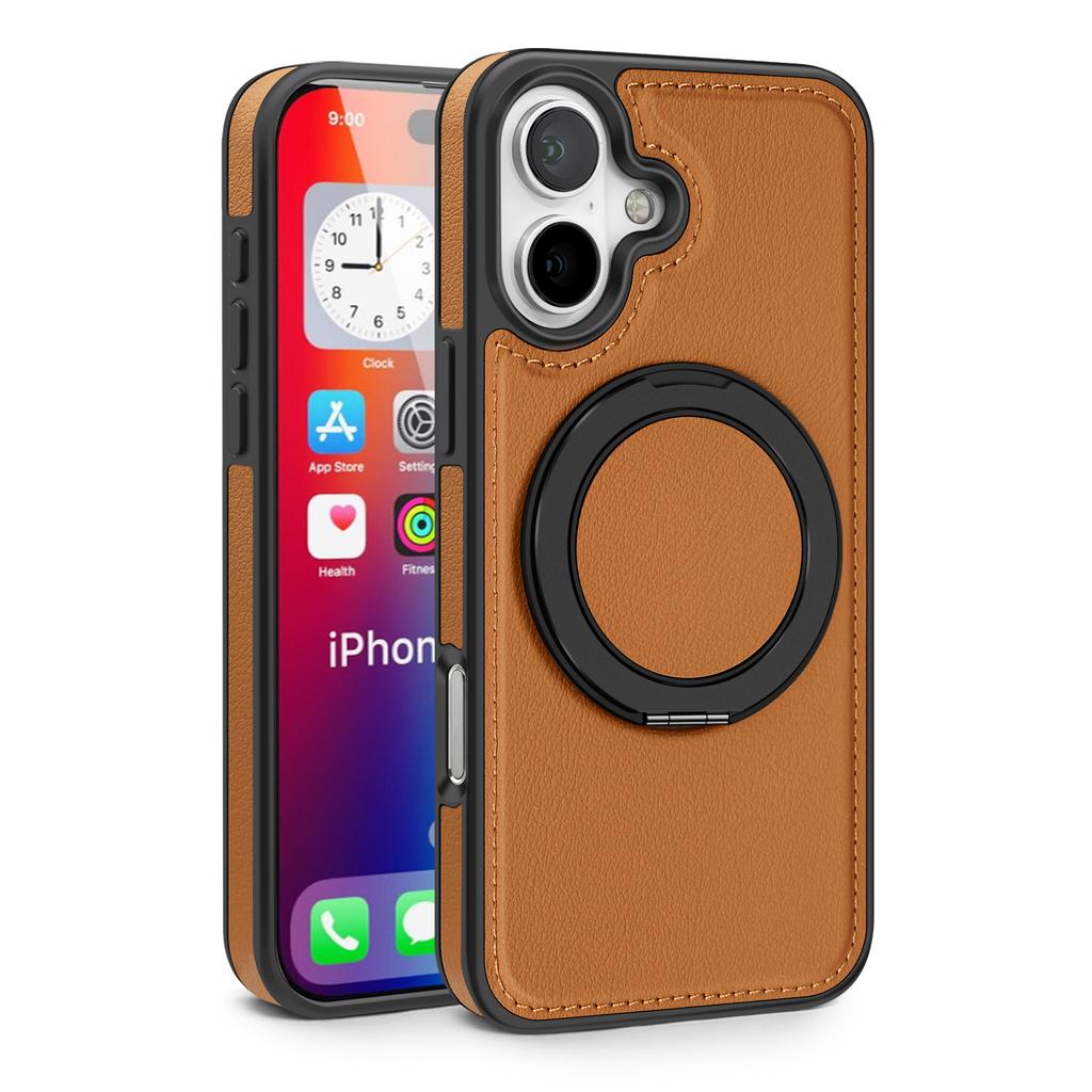 For iPhone 16 Magnetic Case Rotate Ring Kickstand PU Leather+PC+TPU Back Cover