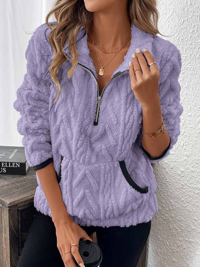 2025 Autumn/Winter European & American Lapel Jacquard Half-Zip Plush Pocket Short Sweatshirt