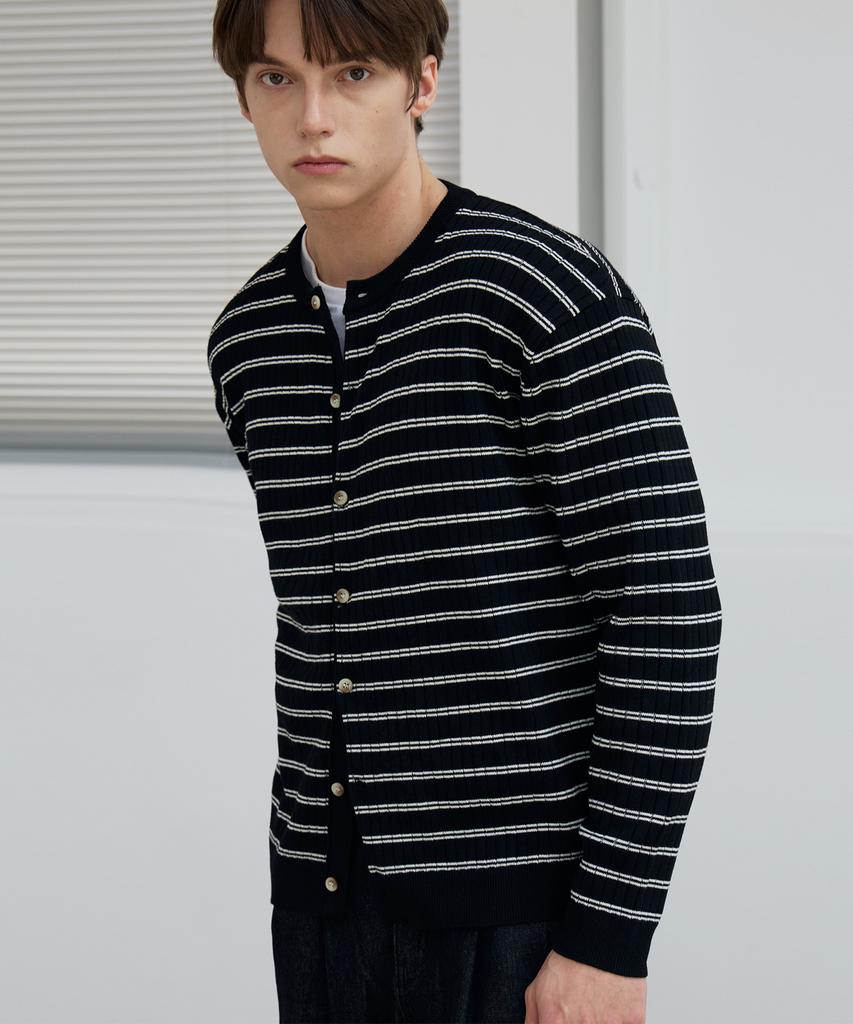 Nodu Block Stripe Round Knit Cardigan [Black]