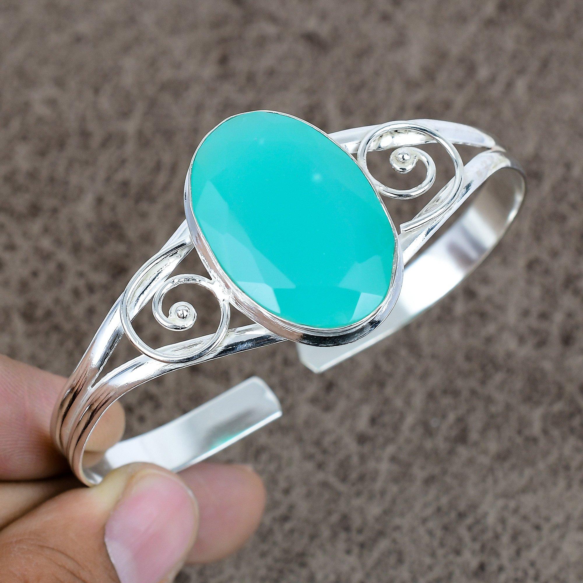 

Emerald Gemstone Handmade 925 Sterling Silver Cuff Bangle Adjustable KKG-255