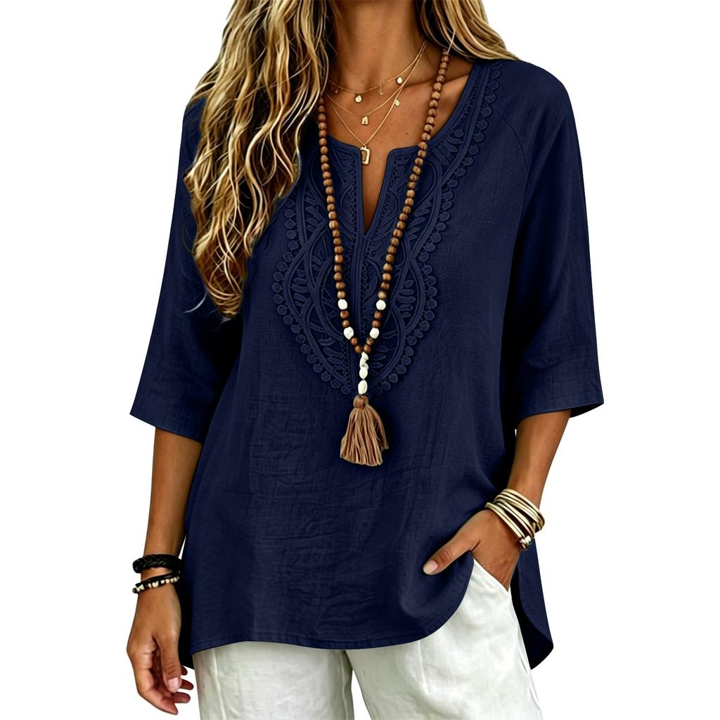 Women Boho Lace Patch Blouse V Neck Tassel Split 3/4 Sleeve Loose Casual Tunic Tops for Spring Summer