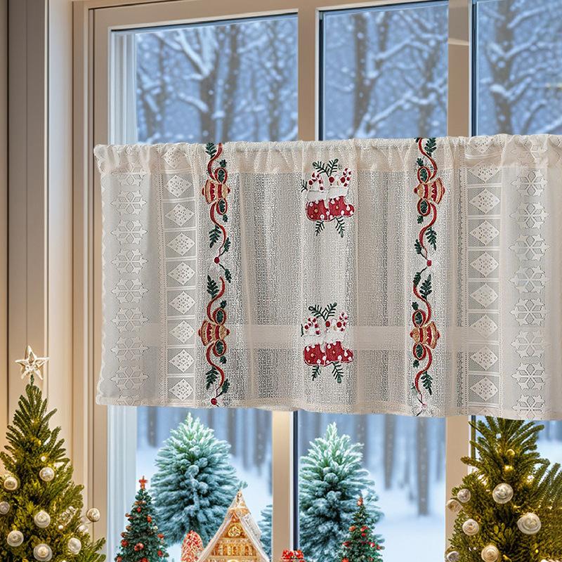Американская Рождественская Занавеска Готовая Колокольчик Рождественская Тема Вышитое Кружево Дверная Занавеска Прямоугольная Украшение Декоративная Кофейная Занавеска 2pcs*140*100cm