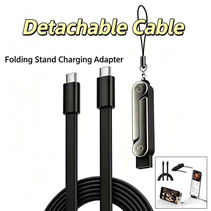 240W 2-i-1 Sort/Orange Hurtigopladning Foldbar Støttefod Datakabel Type-C Til Type-C Datakabel Med Telefon Tablet Stand Adapter