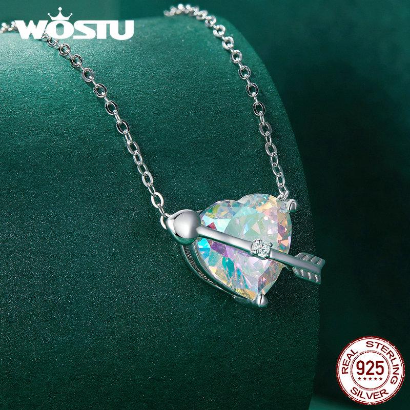 WOSTU 925 Sterling Silver Heart Rainbow Crystal Love First Sight Charm Necklace for Women Romantic Fine Jewelry Engagement Gift