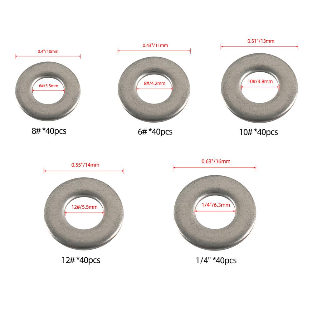 Boîte de 200 pièces Rondelles plates en acier inoxydable 304 1/4" 6 8 10 12 chacune 40 pièces