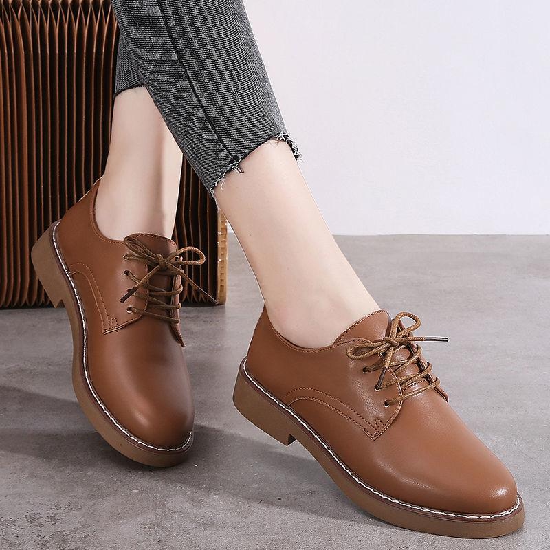 Black Work Shoes Women's Flat-bottomed Casual and Comfortable Oxford Shoes Versatile Lace-up Soft-soled Single Shoes Women's British Style Small Leath