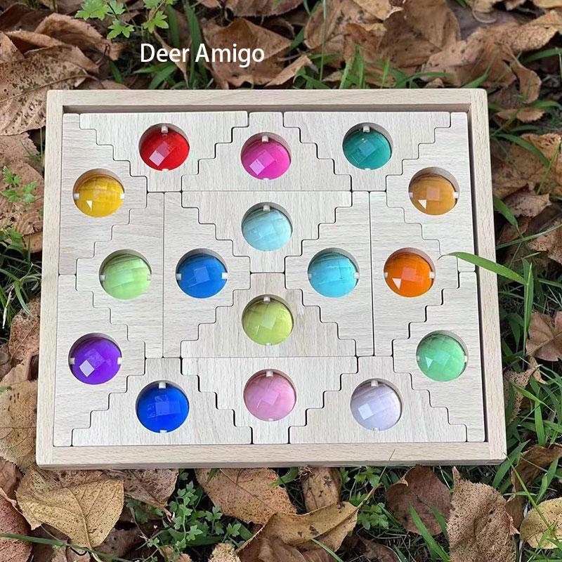 Large Wooden Fairy Tale Windows Blocks with Sparkling Stone Acrylic Toy Gems Transparent Window Stacking Blocks for Children