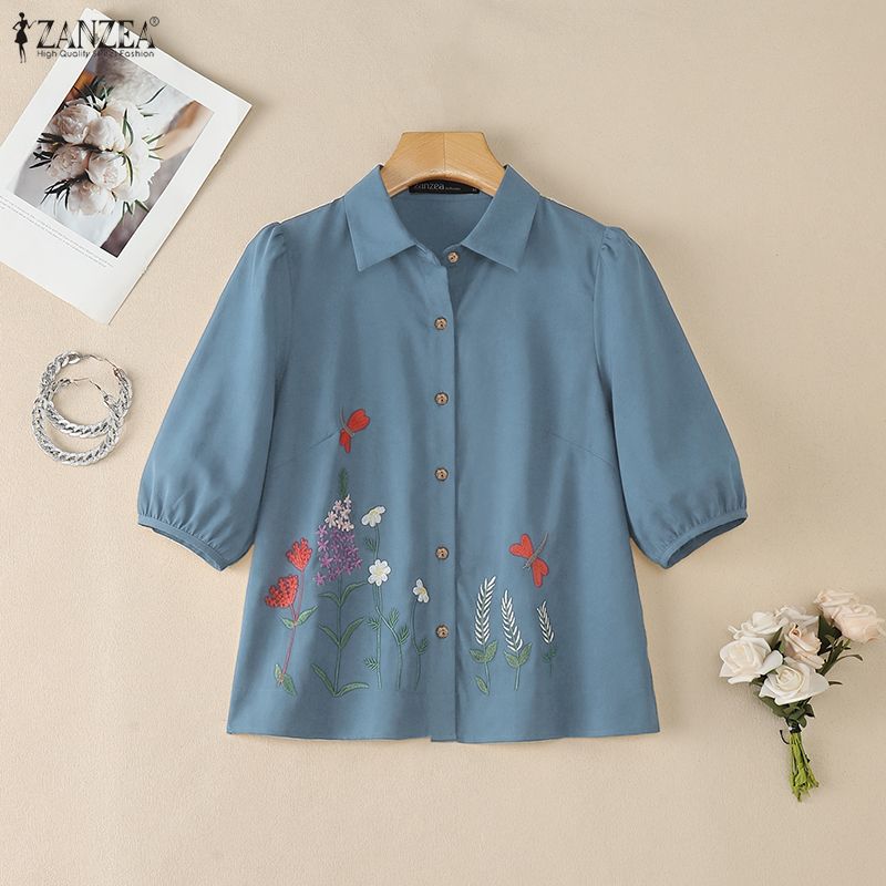 ZANZEA Women Turn Down Collar Casual Floral Print Short Sleeve Blouse
