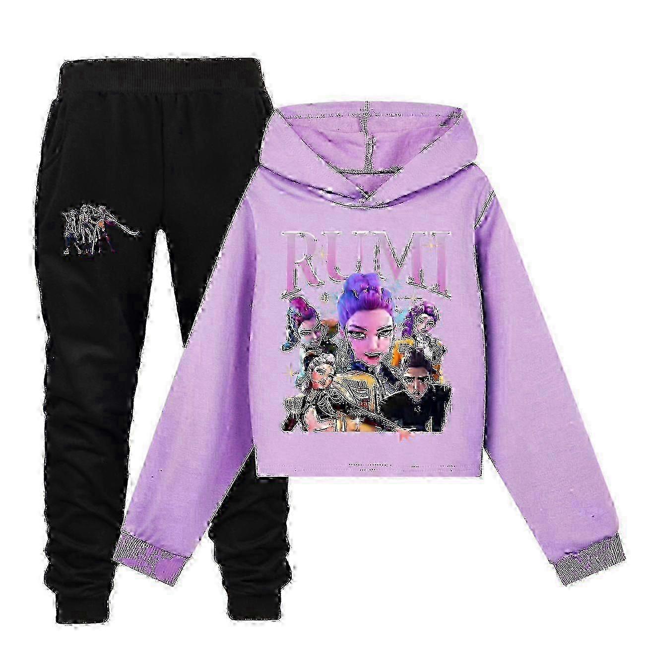 Mädchen K-POP Dämonenjäger Hoodie und Hose Outfit Set Kinder Sweatshirt Pullover Trainingsanzug 02 160 violett