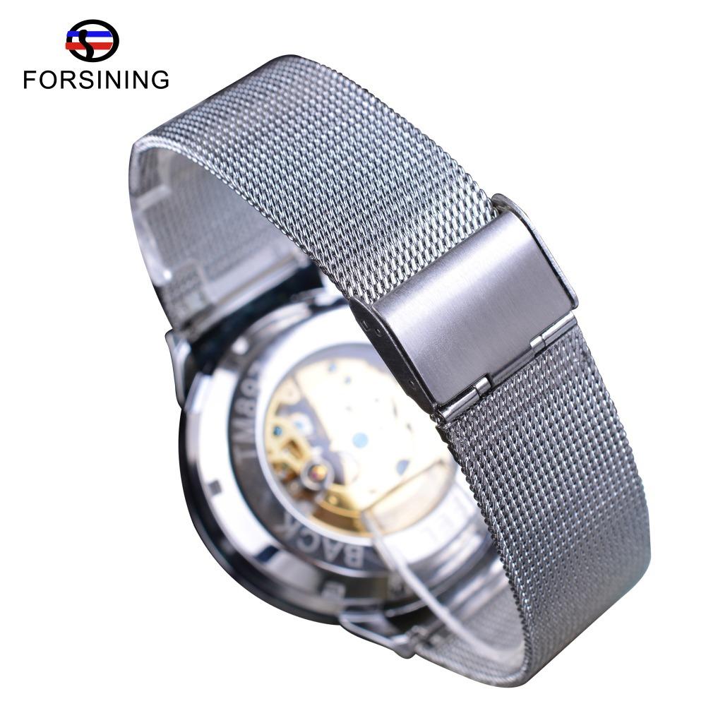 Forsining Automatické mechanické hodinky s pánskou módou, volným časem a jednoduchým síťovaným páskem